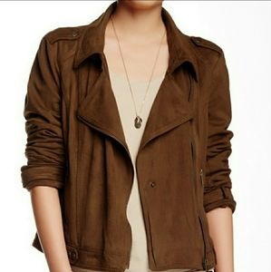 Blanc Noir Womens Brown Faux Suede Moto Jacket